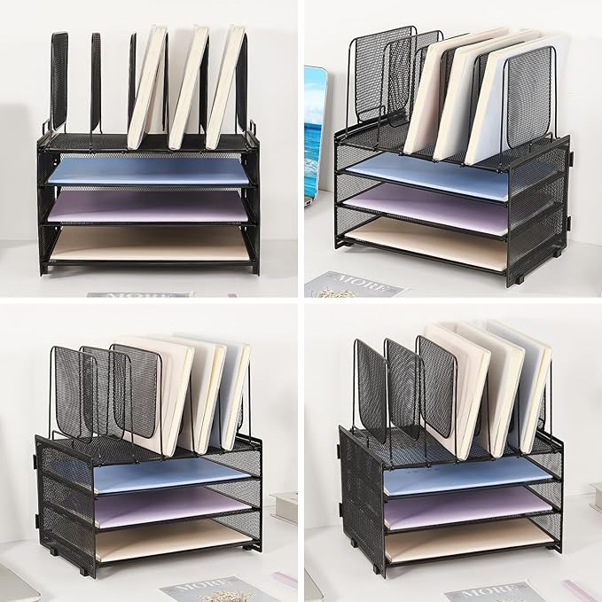 LEKETREE Desk Organizers and Accessories, 3-Tier Paper Organizer with 5 Vertical File Holders, File Folder Organizer (Black, 3T)