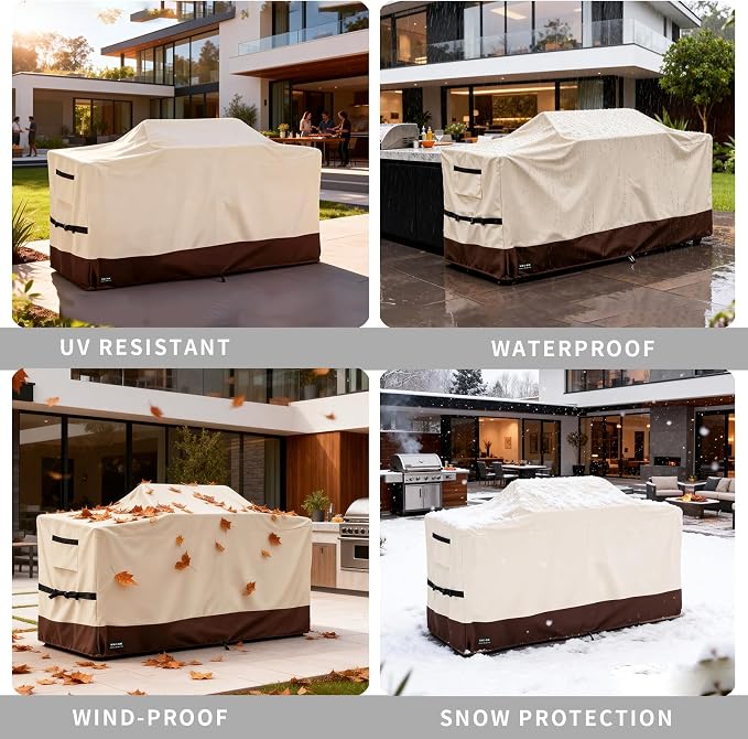 110 Inch Extra Large Grill Cover Kitchen Island Cover Large Island Grill Cover for Outdoor Grill Outdoor Kitchen Cover Heavy Duty Waterproof 110" L x 44" W x 48" H, Beige and Brown
