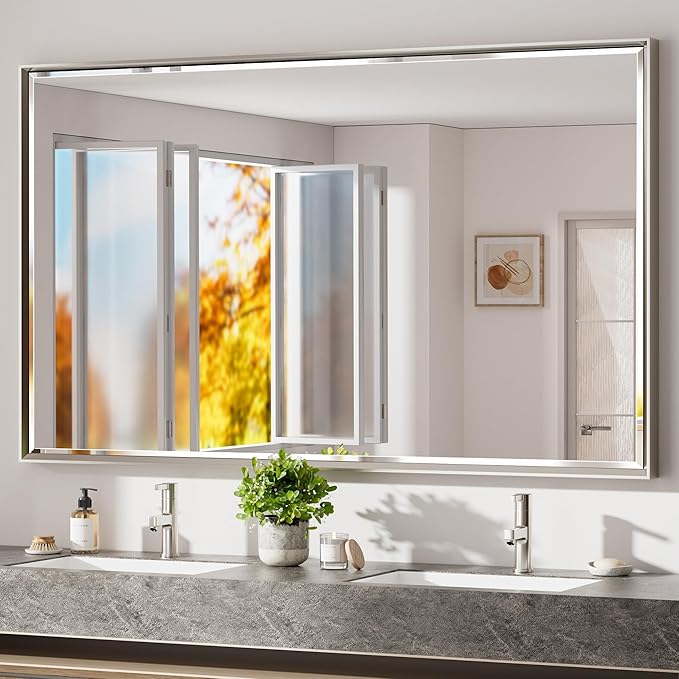 60 x 36 Brushed Nickel Bathroom Mirror, Beveled Framed Rectangle