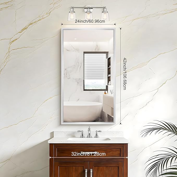 42x24 Silver Bathroom Mirror, Brushed Silver Rectangular Mirror