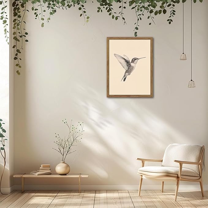 Vintage Framed Wall Art, Birds Canvas Prints, Hummingbird Sketch Painting