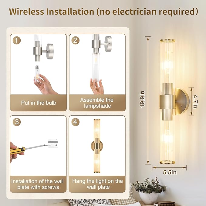 Morauroral Sand Nickel Battery Operated Wall Sconces Set of Two, Rechargeable