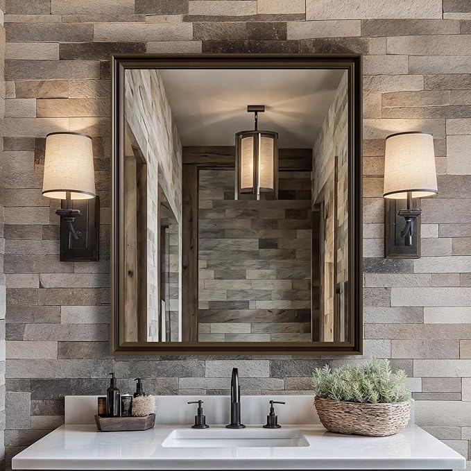 Retro Copper Effect Framed Wall Mirror, 30x36 Rectangle Mirror,