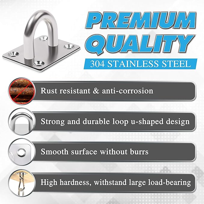 PAMAZY 4 PCS M6 Premium Heavy Duty Square Stainless Steel Pad Eye Hooks + 4PCS