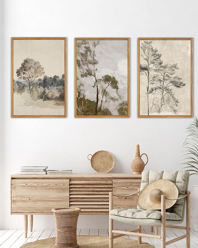 UPWOIGH Large Framed Wall Art, Set of 3 Vintage Muted Landscape Prints, 16x24 in Natural Cotton Posters with Trees, North Botanical Decor, Farmhouse Aesthetic for Living Room, Bedroom
