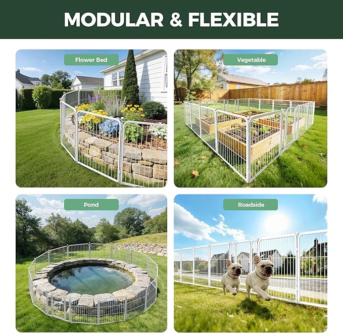 FXW Garden Fence Outdoor for the Yard – 24in(H) x 45.6ft(L) Heavy Duty Metal Animal Barrier for Dog, No Dig Decorative Dog Fence, 24 Panels, White