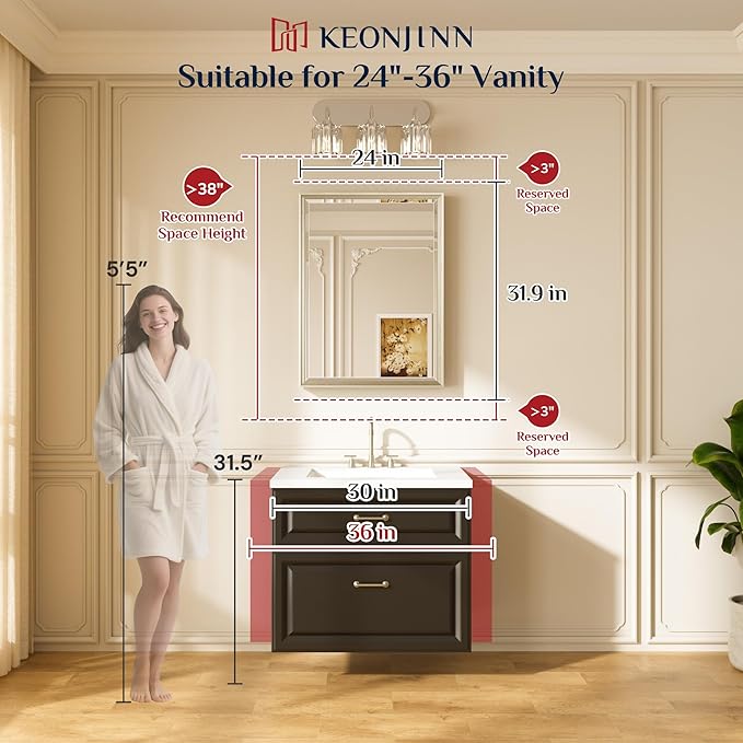 Keonjinn 24" x 32" Brushed Gold Bathroom Vanity Mirror, Aluminum Alloy Frame