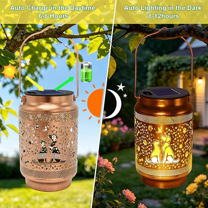 2 Pack Dog Solar Lanterns Outdoor Waterproof Solar Garden Decor, Birthday Gifts for Mothers Day Women Mom Grandma, Metal Hanging Lights with Shepherd Hook for Outside Yard Patio Pathway Backyard