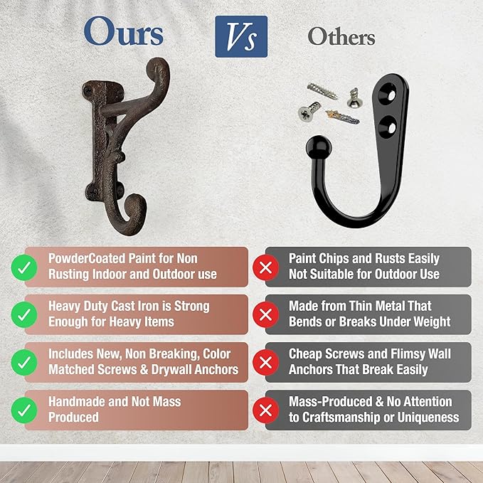Rustic Cast Iron Coat Hooks Rustic Dark Brown, Wall Mounted, Farmhouse