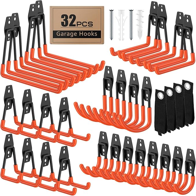 32 Pack Garage Hooks with Anti-Slip Coating Heavy Duty Wall Mount Hooks