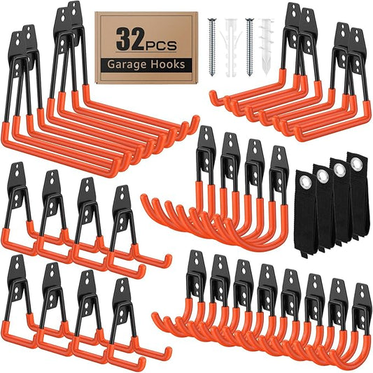32 Pack Garage Hooks with Anti-Slip Coating Heavy Duty Wall Mount Hooks