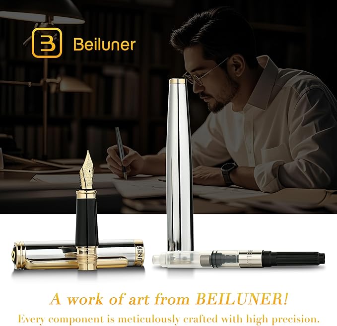 BEILUNER Silver Chrome Fountain Pen,Stunning Luxury with 24K Gold Accents, Gorgeous 24K Gilded Nib(Medium), Fancy Pen Gift for Men&Women -Ink Converter-Elegant, Office,Nice Pen for Writing