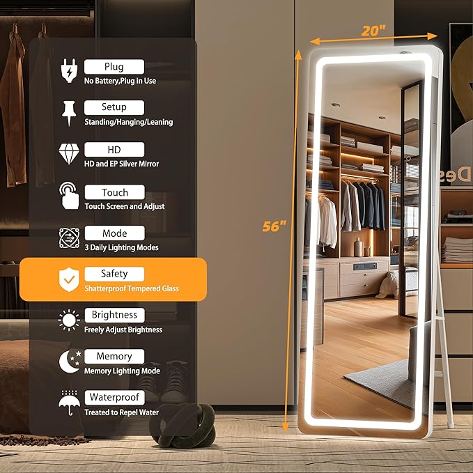 Hasipu Full Length Mirror with Lights, Full Body Dressing Standing, Hanging