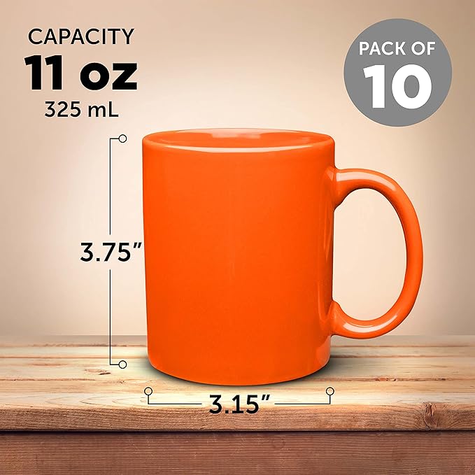 DISCOUNT PROMOS Ceramic Coffee Mugs 11 oz. Set of 10, Bulk Pack - Coffee cup set, Iced coffee cup, Gaming mug - Orange
