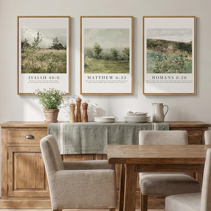 Framed Vintage Christian Wall Art Set of 3, Rustic Wildflower Landscape Bible