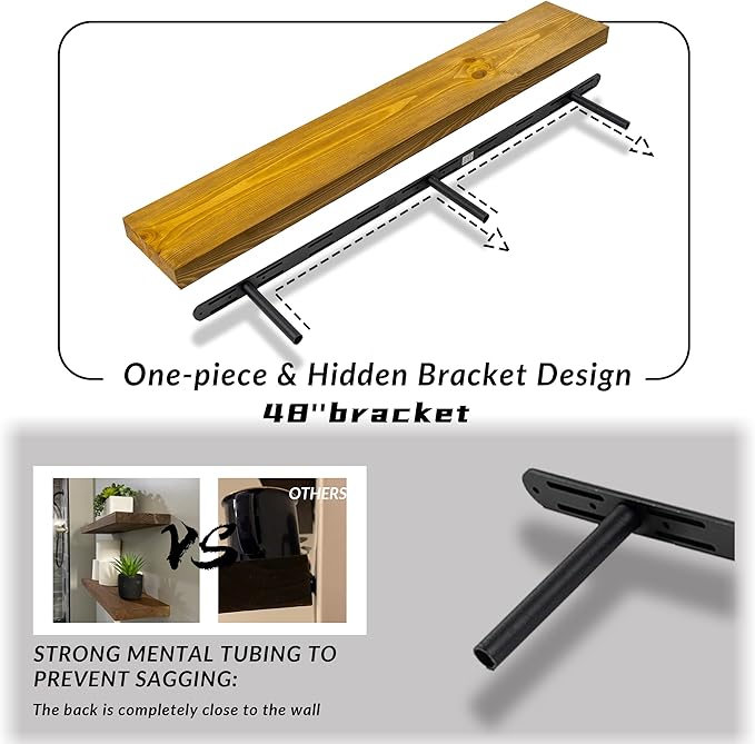 Rustic Floating Shelves 48 inch Long 8 inch deep Set of 2, Solid Wood Wall