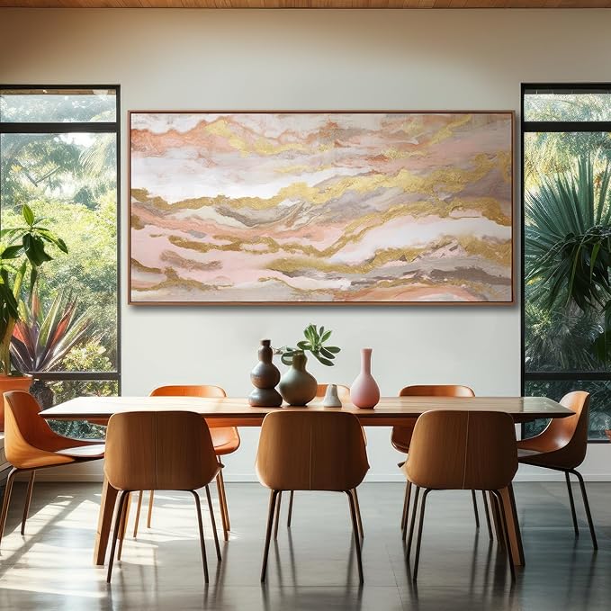 Abstract Pink Canvas Wall Art Framed Gold Abstract Line Artwork