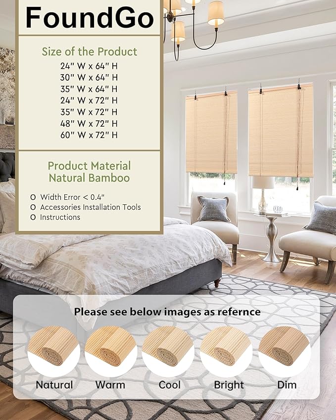 FoundGo Retro Bamboo Blinds 35" W x 72" H Bamboo Roman Shades Light Filtering