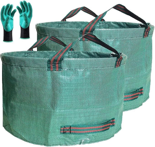 Professional 2-Pack 63 Gallon Lawn Garden Bags Big (D31,H19 in) Yard Waste Bags with Gardening Gloves for Reusable Leaf Bag,Garden Trash Containers,Lawn Weeds,Grass Clippings,Yard Debris Bag 4 Handles