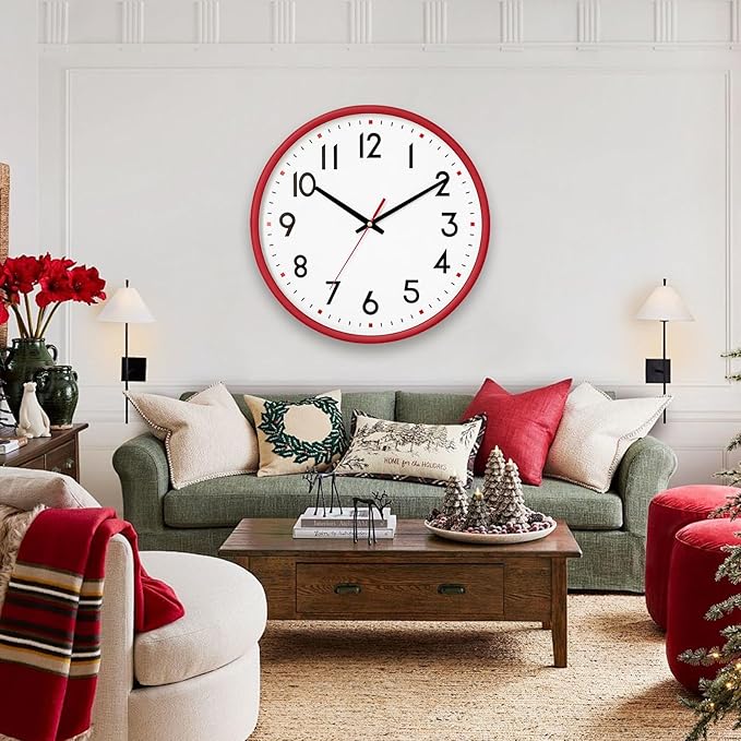 HZDHCLH Wall Clock Red, Silent Wall Clocks Battery Operated 10 Inch Modern Non