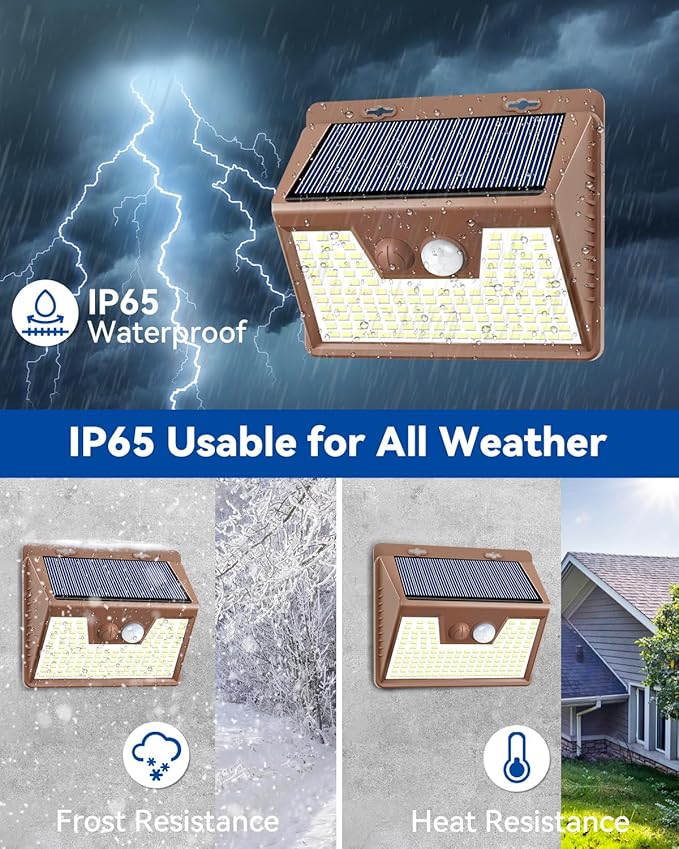 Peasur Solar Lights Outdoor Motion Sensor Waterproof, 4Pack 140LED Brown Solar Powered Fence Light, 3 Modes Security Wall Lights for Garden Yard Outside(Warm White)