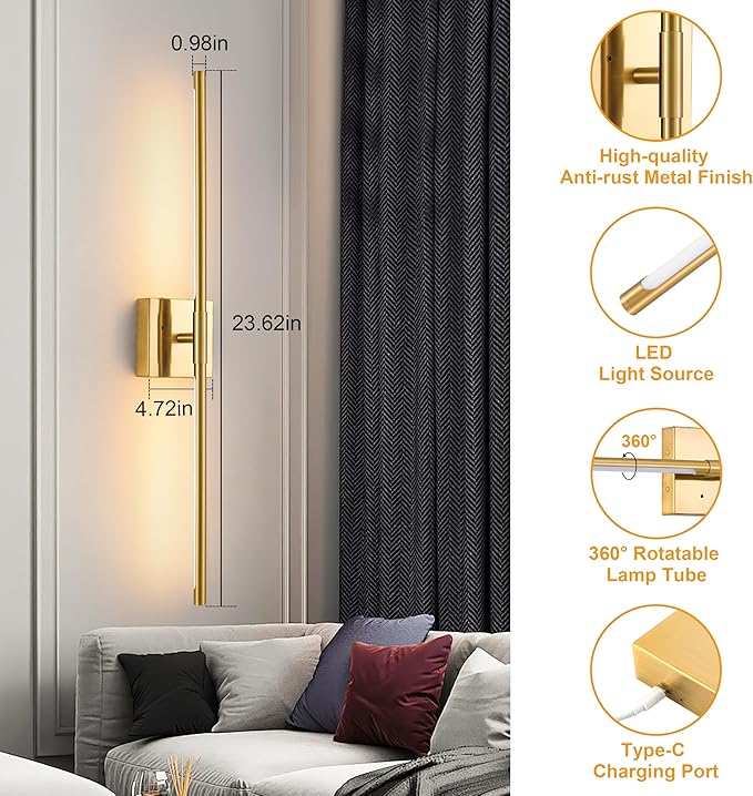 Morauroral Gold Battery Operated Wall Sconces, Dimmable Wall Sconces
