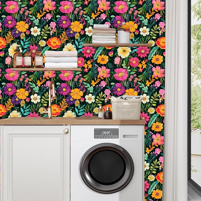 BOKEBEVE Extra Long Watercolor Colorful Floral Wallpaper Peel and Stick Green