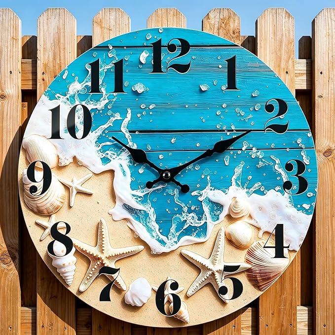 Large Indoor/Outdoor Clocks Waterproof, Glass Coastal Beach Decor Wall Clock