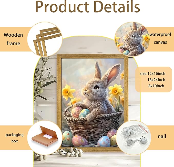 Easter Bunny Wall Art, Cute Rabbit Canvas Wall Decor Painting, Easter Eggs