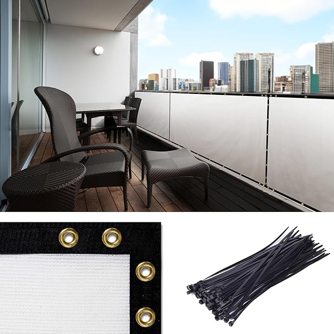 Amgo Custom Made 3' x 93' White Balcony Privacy Screen, Apartment Porch Railing Patio Fence Windscreen Fabric Cloth, Heavy Duty, Commercial and Residential, 90% Blockage (We Customize)