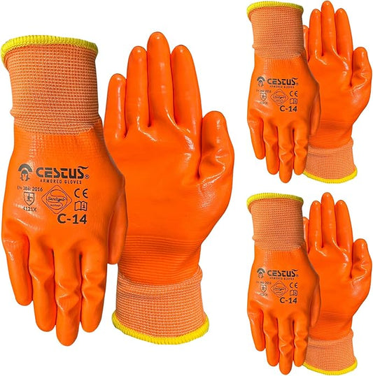 Cestus C-14, 3 Pairs Nitrile Coated Work Gloves for Men, Waterproof Safety Gloves for Fuel Handling, Construction, Warehouse