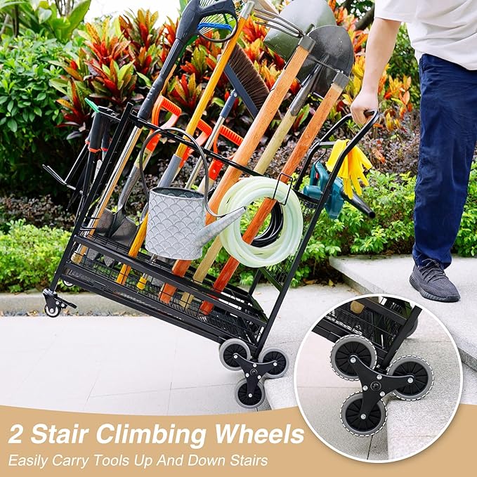 Lauren&Harold Garden Tool Organizer with 2 Stair-Climbing Wheels for Garage Storage, Garden Tool Rack, Up to 35 Long-Handled Tools, Rakes/Shovels/Yard Tools Storage Stand for Shed, Lawn and Outdoor