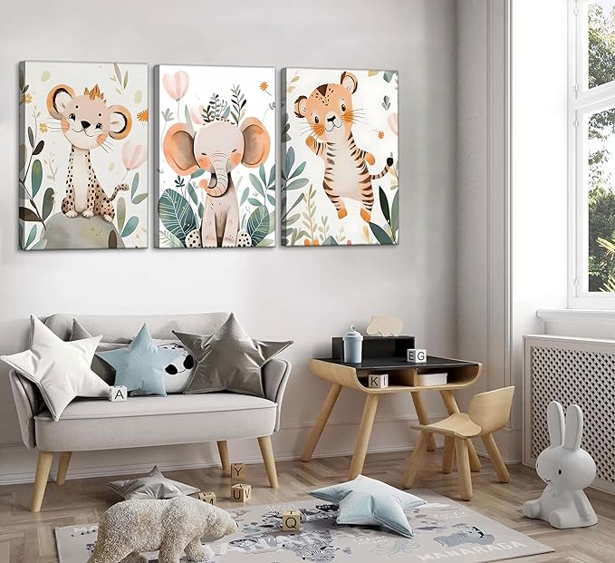 3 Pcs Safari Animals Nursery Canvas Wall Art Jungle Animals Cheetah Elephant