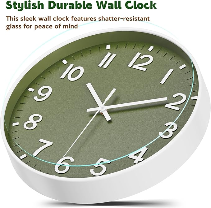 Silent Wall Clock Non-Ticking Battery Operated – Modern Olive Green Analog Wall