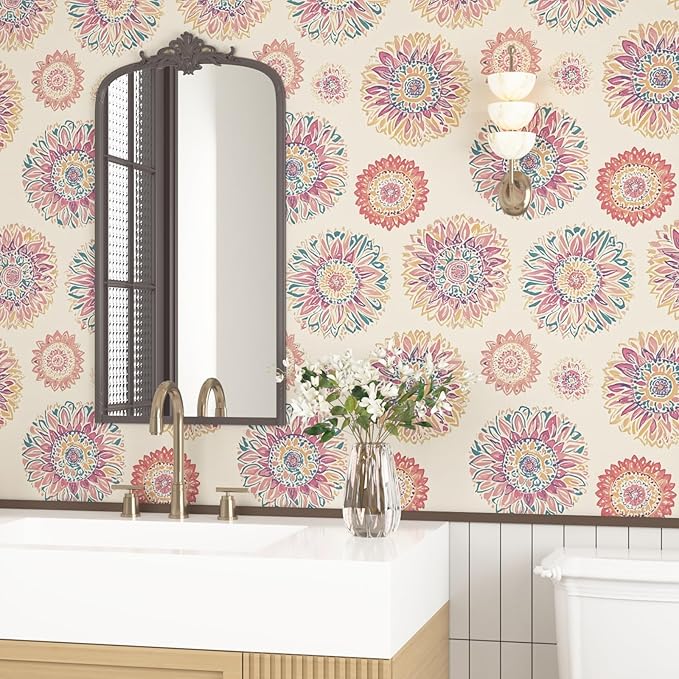 Boho Wallpaper Peel and Stick, Vintage Circle Floral Contact Paper, Abstact
