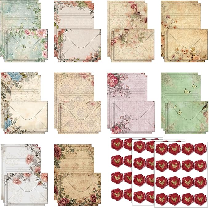 TaoBary 160 Pcs Stationery Paper Set 50 Double Sided Stationery Papers with 50 Matching Envelopes and 60 Round Dot Sticker, 10 Design(Vintage Floral,5.5 x 8.25 Inch)