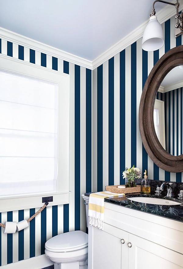 Guvana 17.7"x197" Navy Blue Wallpaper Striped Peel and Stick Wallpaper Blue and