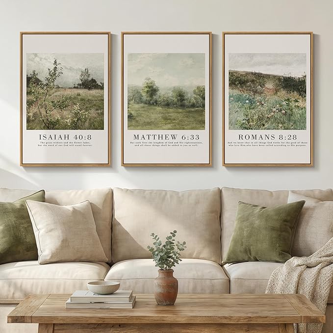 Framed Vintage Christian Wall Art Set of 3, Rustic Wildflower Landscape Bible