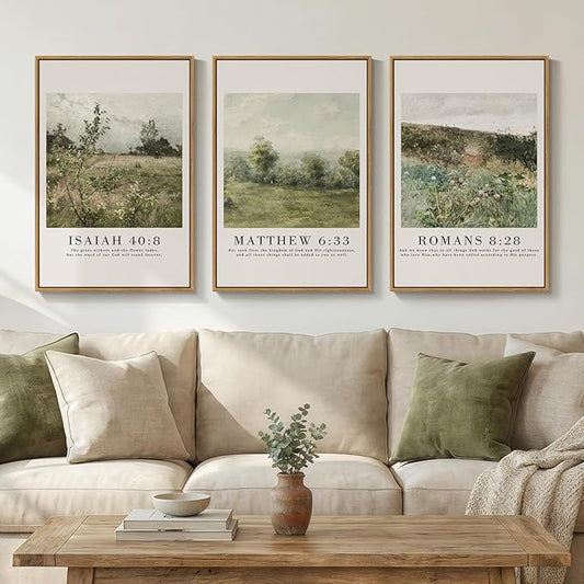Framed Vintage Christian Wall Art Set of 3, Rustic Wildflower Landscape Bible