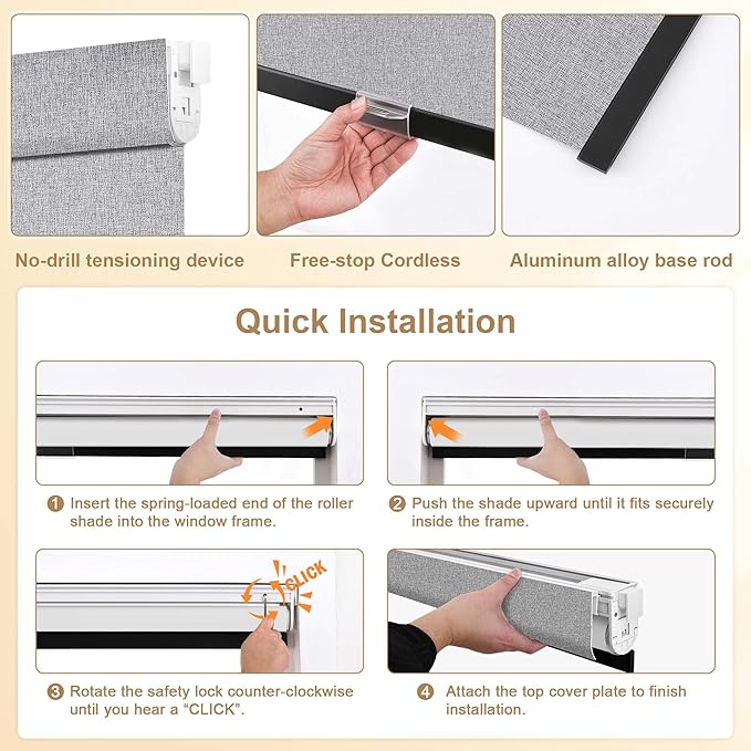 SUNOFF No Drill Tools Cordless Blackout Roller Shades Blinds