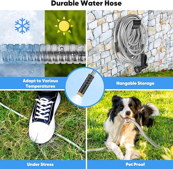 Itsonestep Garden Hose 100 FT, Metal Stainless Steel Water Hose with 10 Function Nozzles, No Kinks, Flexible Hose, Lightweight, Puncture Proof, Heavy Duty Hose for Yard and Outdoor, Silver
