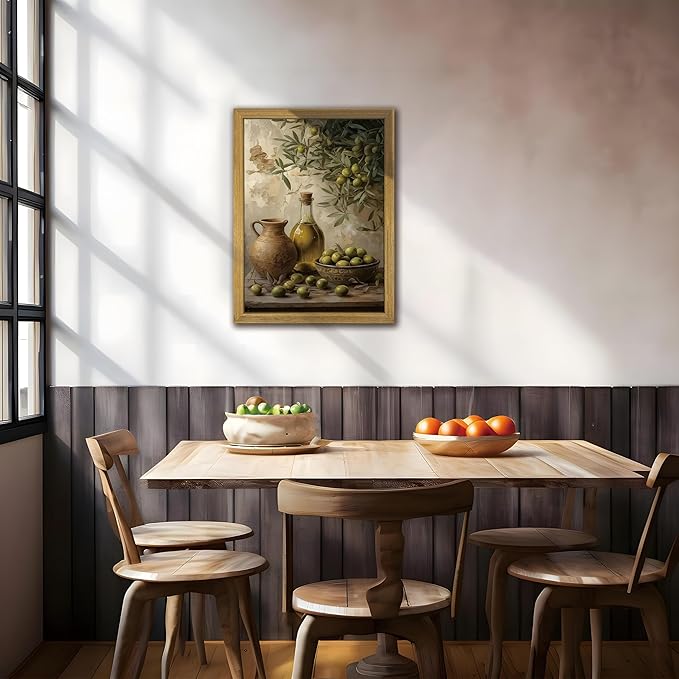 Wood Framed Olive Kitchen Wall Art, Vintage Rustic Still Life Canvas Print