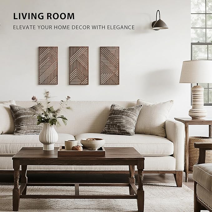 VIYYIEA Boho Solid Wood Carved Wall Art Set of 3, Geometric Minimalist Wooden