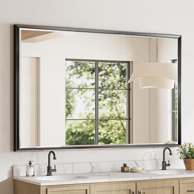 48 x 30 Black Framed Mirror for Bathroom, Beveled Black Bathroom Vanity Mirror