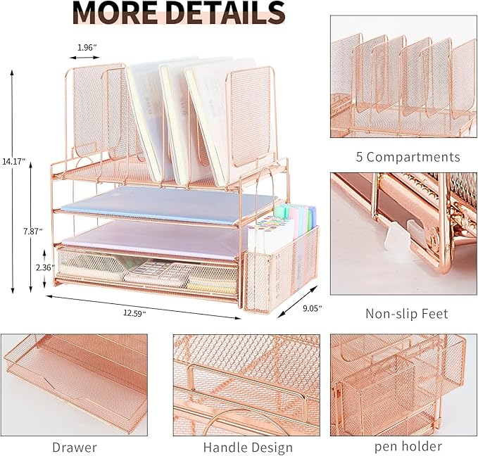 LEKETREE Desk Organizers and Accessories, 3-Tier Paper Organizer with 5 Vertical File Holders, File Organizer for Desk (Rose Gold With Drawer, 3T With Drawer)
