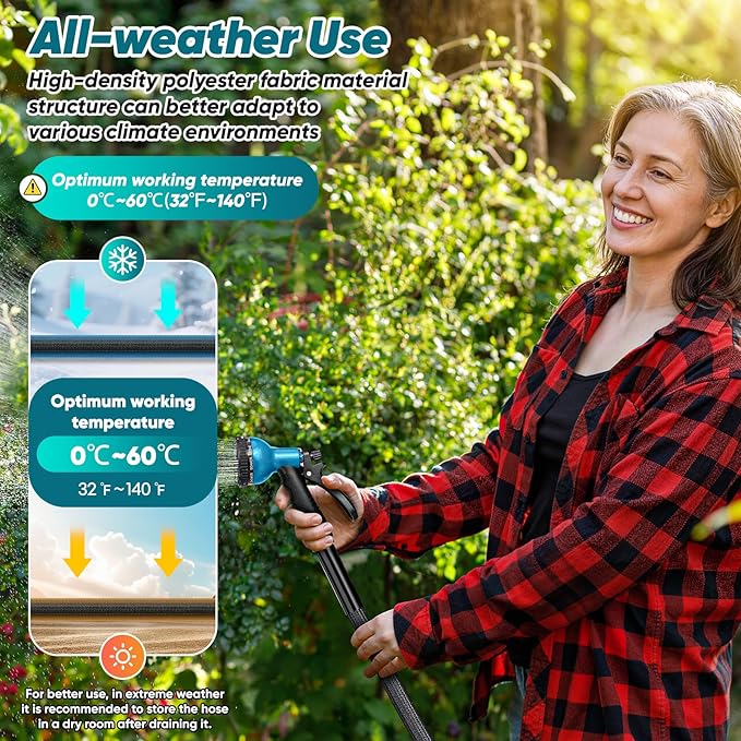 Garden Hose 100FT Non-Expanding, Lightweight Hose With 10-Function Nozzle, Leak-Proof No-Knot, Easy to Carry, Wear-Resistant, Sturdy 3/4GHT Flexible Water Hose for Outdoor (Black with Nozzle)