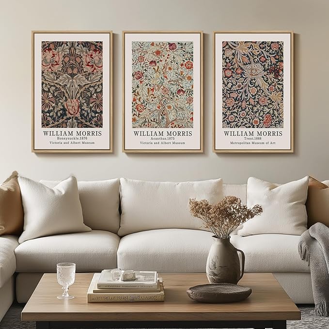 Framed William Morris Canvas Wall Art Set of 3, Vintage Boho Floral Paintings