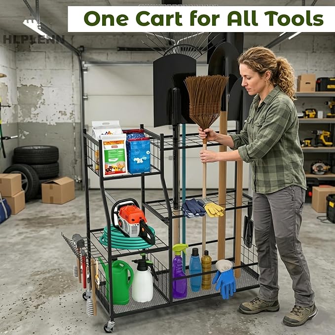 Large Garden Tool Organizer with Wheels, Yard Tool Organizer Stand for Long Handled Tools, Indoor/Outdoor Metal Yard Tool Storage Rack Cart for Garage, Shed, Garden