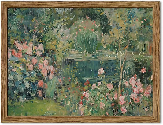 Framed Vintage Floral Landscape Canvas Wall Art, Rose Garden Pond Wall Decor