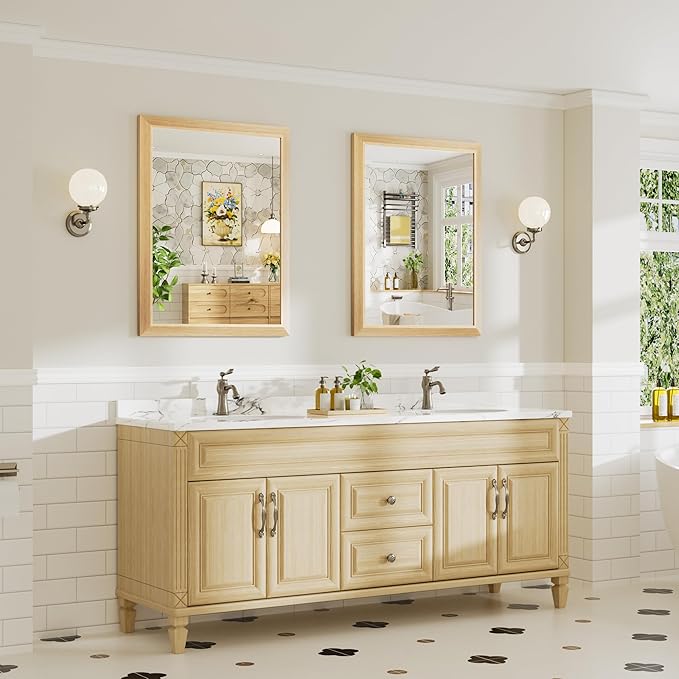 28x36 Inch Bathroom Mirror for Wall, Anti-Rust Oak Wood Grain Metal Framed